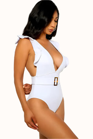 One Piece Belted Swimsuit, Plunging Bathing Suit