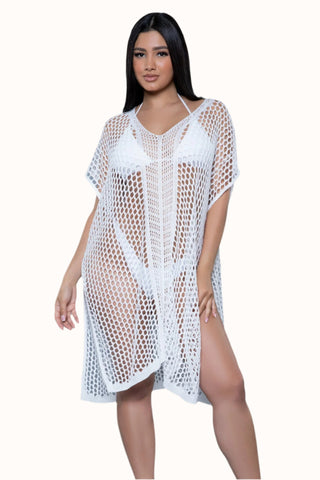 V-Neck Comfy Caftan Cover Up, Loose Crochet Poncho
