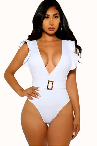 One Piece Belted Swimsuit, Ruffle Plunging Bathing Suit
