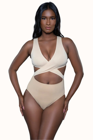 Cutout One Piece Color Block Swimsuit, Plunge Wrap Waist Sculpting Suit