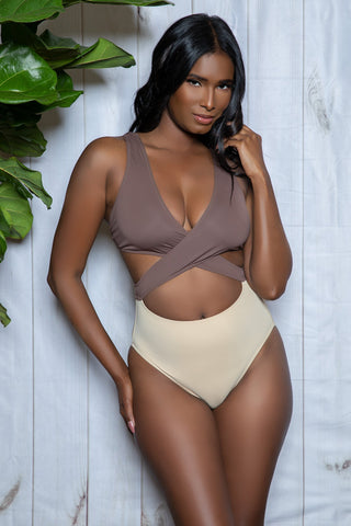 Cutout One Piece Color Block Swimsuit, Plunge Wrap Waist Sculpting Suit