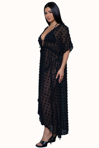 Swiss Dots Kimono Cover Up, Semi Sheer Swimsuit Cover Up Maxi Dress 