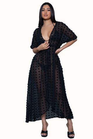 Swiss Dots Kimono Cover Up, Semi Sheer Swimsuit Cover Up Maxi Dress 