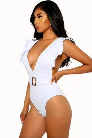 One Piece Belted Swimsuit, Plunging Bathing Suit