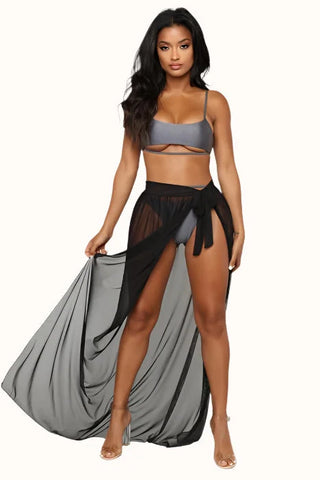 Sheer Maxi Cover-Up Skirt, High Slit Tie-Waist Swimsuit Wrap