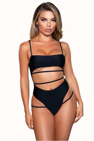 Strappy One Piece Swimsuit, Bandeau Cutout Bathing Suit
