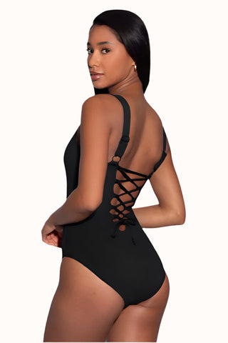 One Piece Waist Cinching Swimsuit, Lace Up Corset Bathing Suit