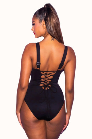 One Piece Waist Cinching Swimsuit, Lace Up Corset Bathing Suit